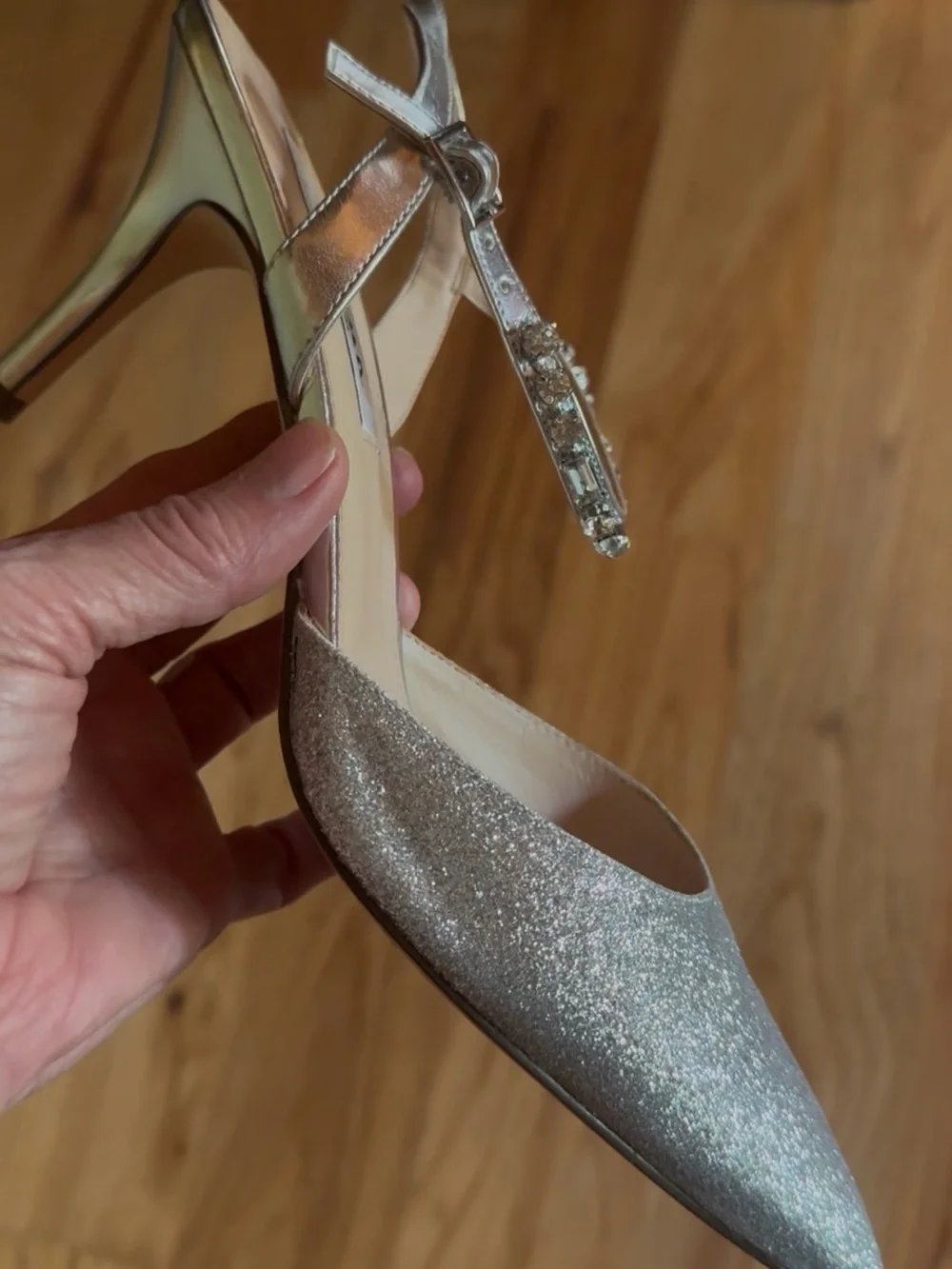Nina Silver Glitter Pointed Slingback Heels with Rhinestone Ankle Strap